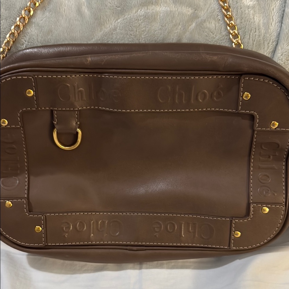 Chloe Brown and Gold Leather Shoulder Bag with Chain Strap